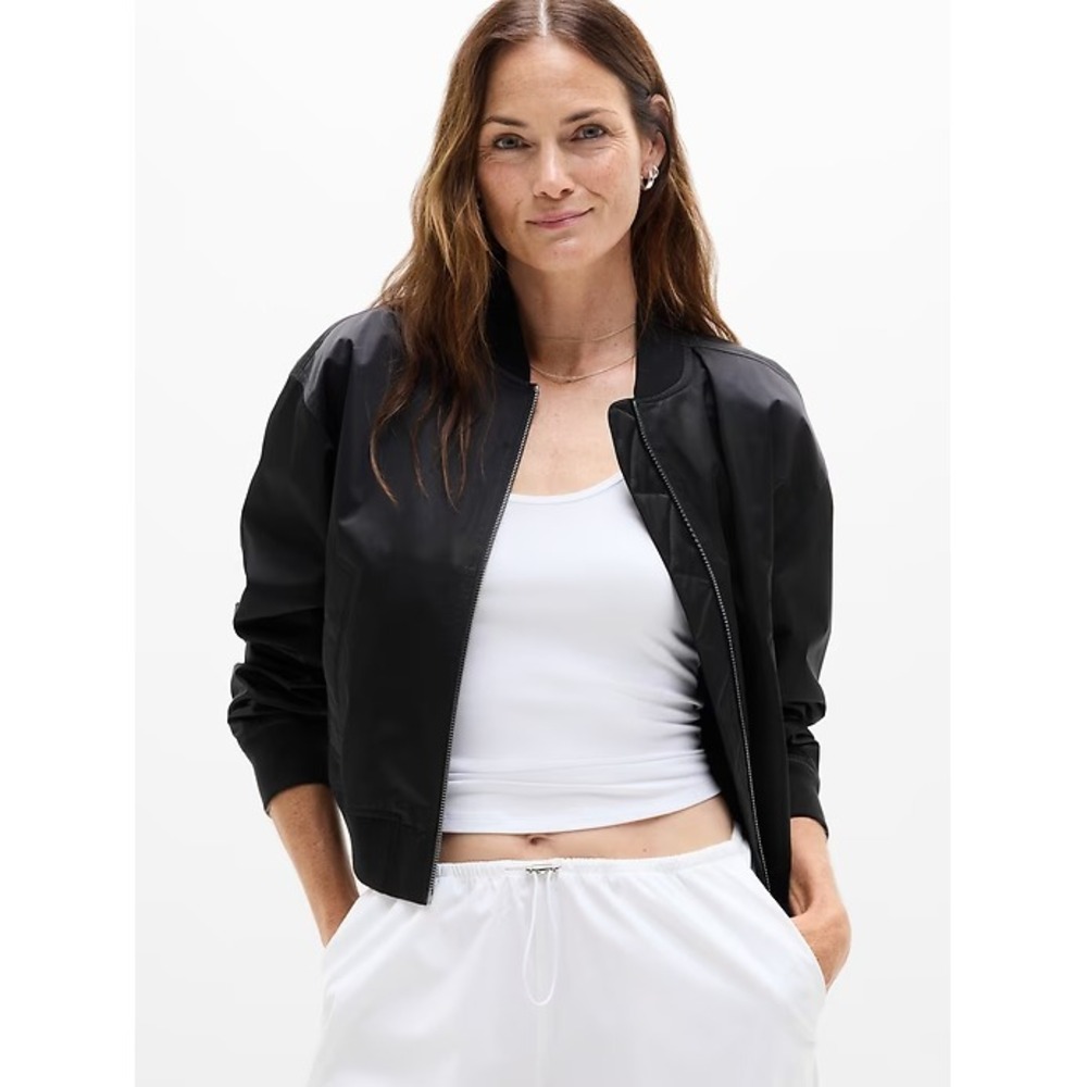 Athleta Black Flex‎ Bomber Jacket NWT XL Water Repellent Full Zip Sateen